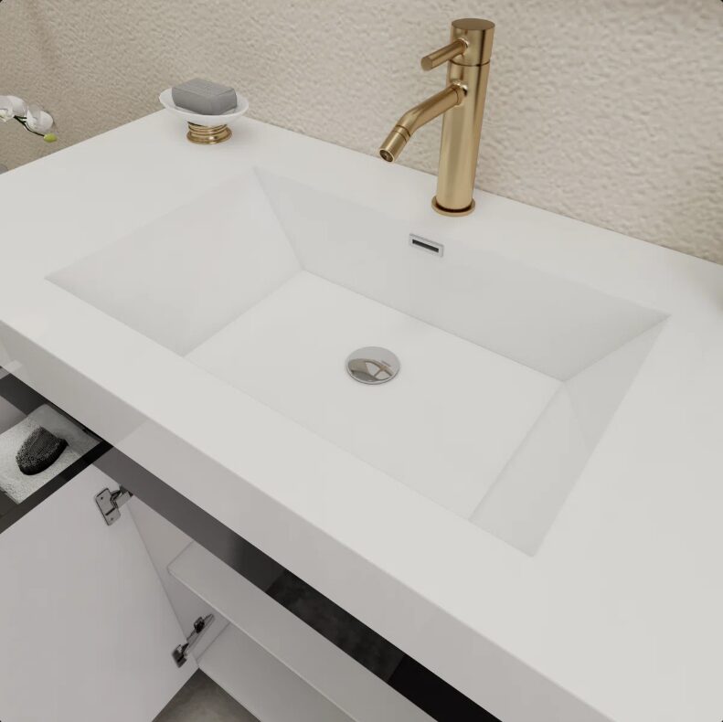 Modern High Gloss Black Bathroom Vanity with Integrated White Solid Surface Sink Top