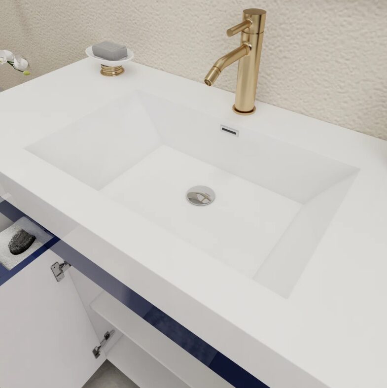 4 Modern Gloss Navy Bathroom Vanity Cabinet with Integrated White Solid Surface Sink Top
