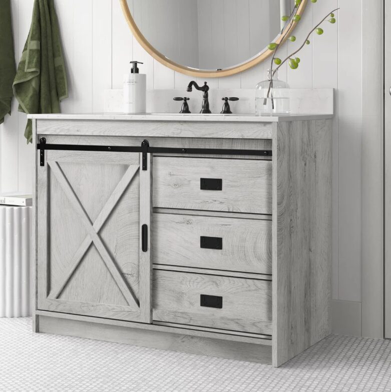 4 Light Gray Farmhouse Vanity with Cross Barn Door for Coastal, Modern Farm & Industrial Bath Remodel