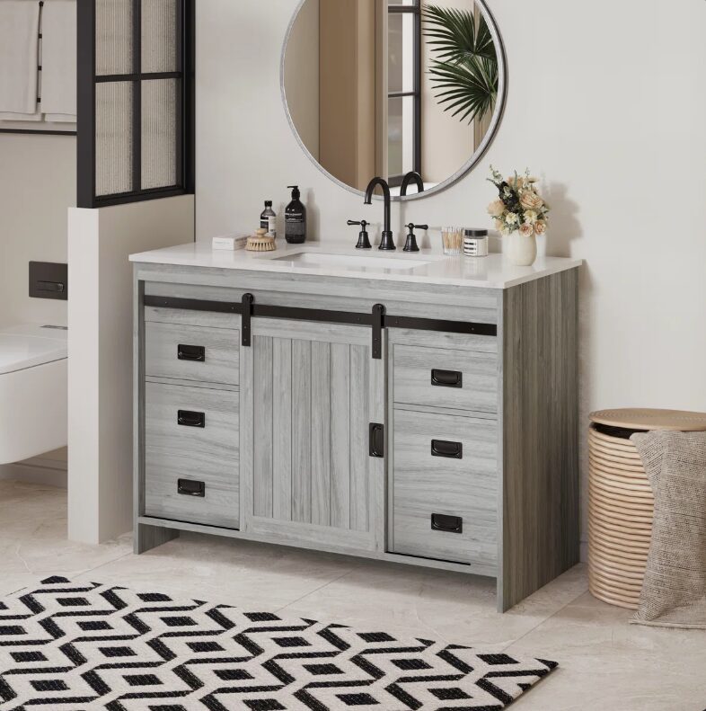 4 48" Grey Wood Farmhouse Bathroom Vanity with Single Sink Top for Master Bath Remodel