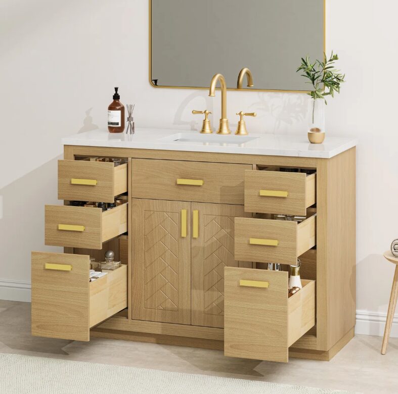 48 Inch Natural Oak Herringbone Bathroom Vanity Cabinet, 9 Storage Drawers & Soft Close Doors, Marble Countertop Undermount Sink Combo