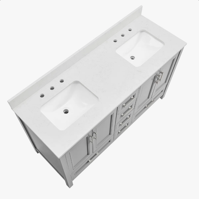 60 Inch Light Gray Shaker Double Sink Bathroom Vanity, Soft Close Doors & Drawers, White Quartz Countertop Combo