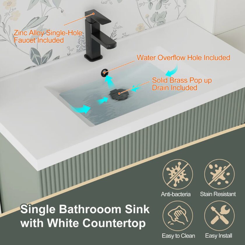 4 36" Sage Green Fluted Single Sink Bathroom Vanity Cabinet