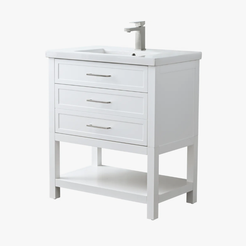 Compact White Single Sink Vanity with Drawer & Open Mixed Storage