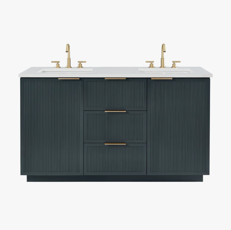 4 60 Inch Dark Navy Fluted Double Undermount Sink Bathroom Vanity, White Quartz Countertop & Brushed Gold Hardware
