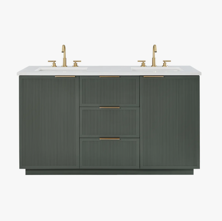 60 Inch Sage Green Fluted Double Undermount Sink Bathroom Vanity, White Quartz Countertop & Brushed Gold Hardware