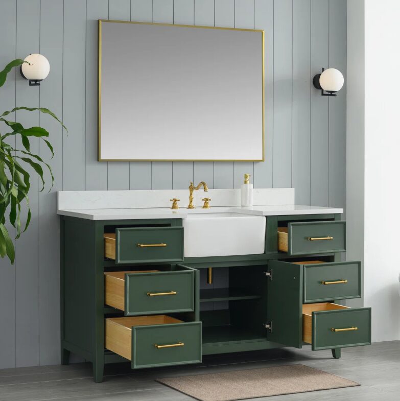60 Inch Dark Green Farmhouse Single Farm Sink Bathroom Vanity, White Quartz Top & Brushed Gold Hardware