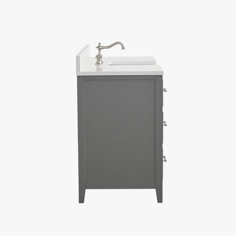 60 Inch Grey Farmhouse Single Apron Front Farm Sink Bathroom Vanity, White Quartz Countertop & Brushed Nickel Hardware