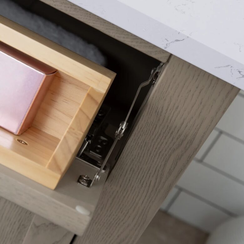 60 Inch Weathered Oak Double Undermount Sink Bathroom Vanity, White Marble Vein Quartz Top & Brushed Nickel Hardware