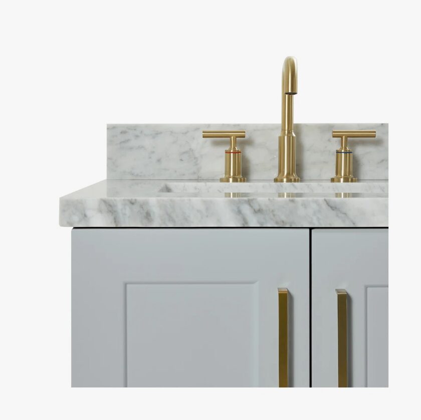 Transitional Light Gray Bathroom Vanity with Soft Close Doors, 4 Drawers & Brushed Gold Hardware