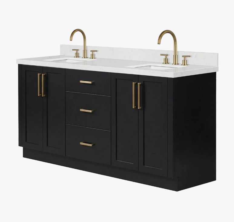 72 Inch Matte Black Shaker Double Undermount Sink Bathroom Vanity, White Marble Vein Quartz Top & Brushed Gold Hardware