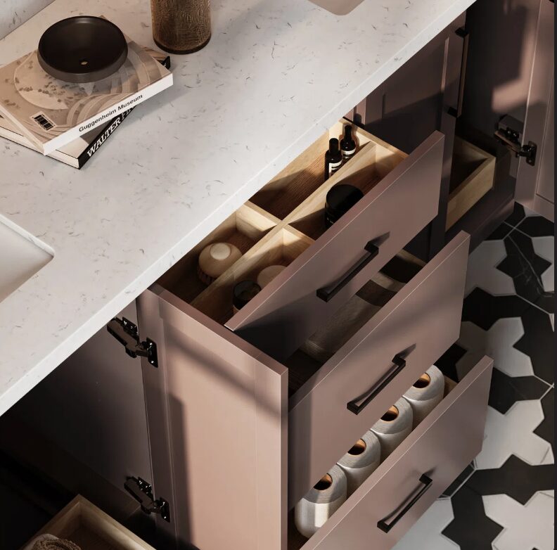 72 Inch Dusty Pink Shaker Double Undermount Sink Bathroom Vanity, White Quartz Countertop & Matte Black Hardware