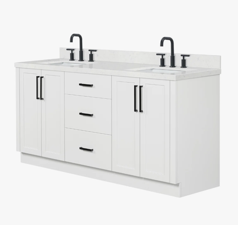 4 72 Inch Pure White Shaker Double Undermount Sink Bathroom Vanity, White Quartz Countertop & Matte Black Hardware