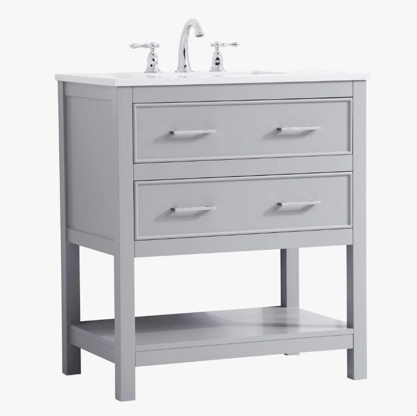 4 Light Gray Open Shelf Bathroom Vanity with White Quartz Countertop