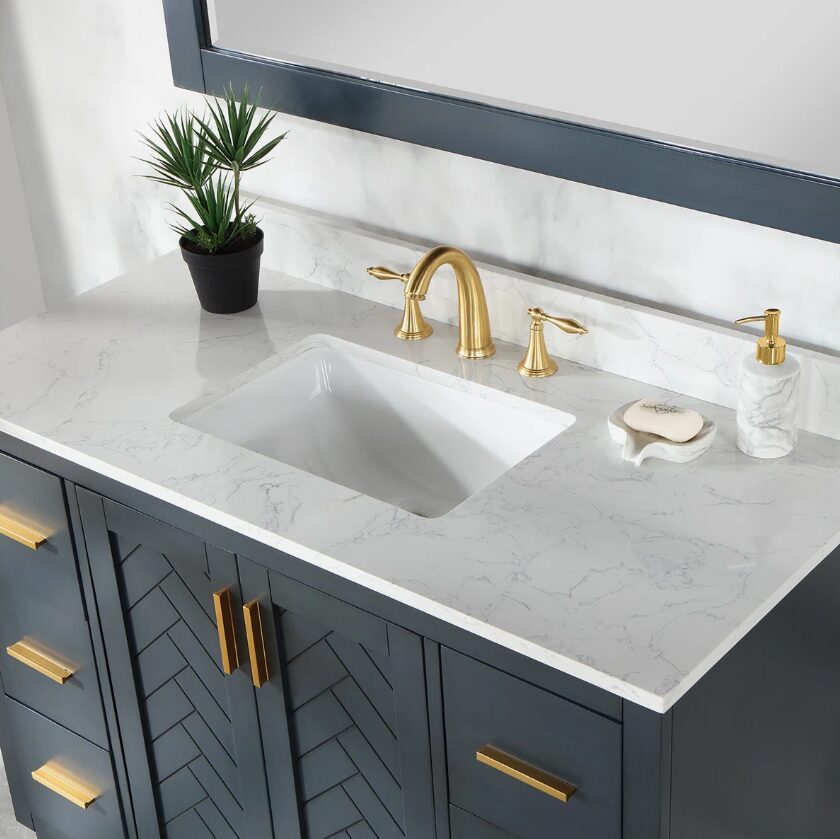Modern Navy Wood Bathroom Vanity with Gold Hardware