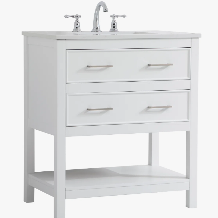 White Open Shelf Bathroom Vanity with White Quartz Countertop