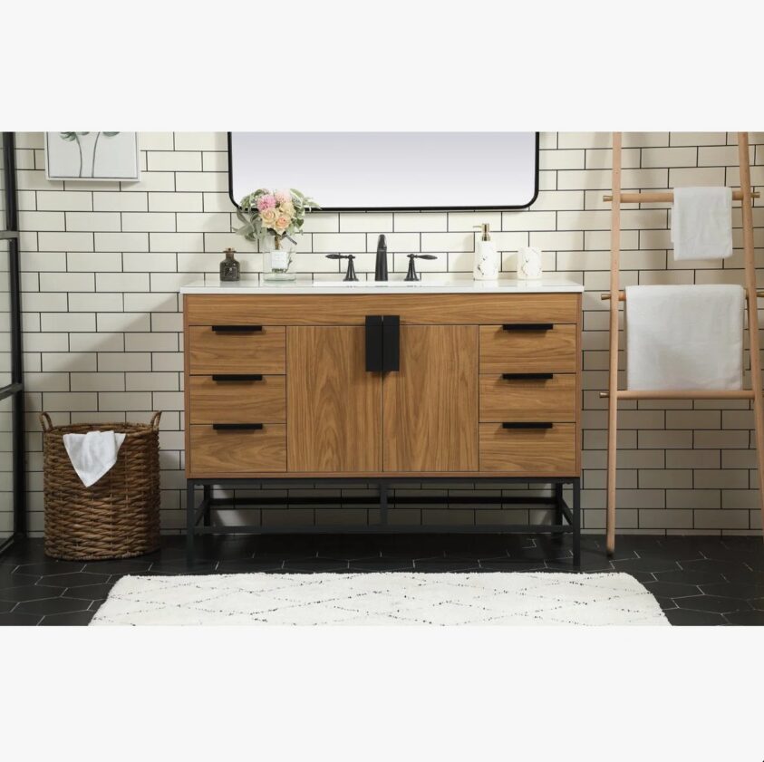 Mid-Century Modern Single Sink Walnut Bathroom Vanity Cabinet