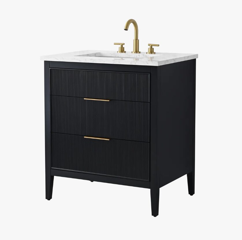 Modern Fluted Bathroom Vanity with Gold Handles & Marble Top