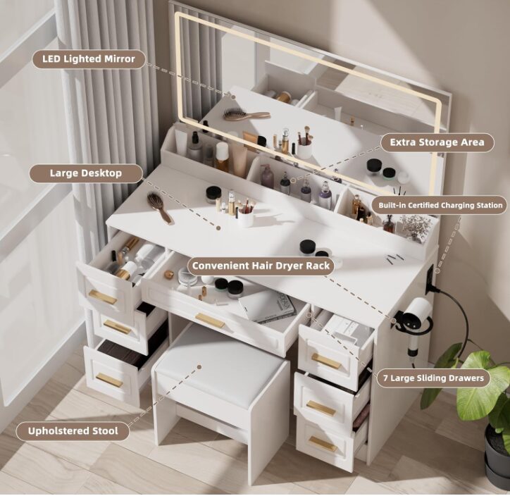 4 White LED Makeup Vanity Table with 7 Drawers & Stool