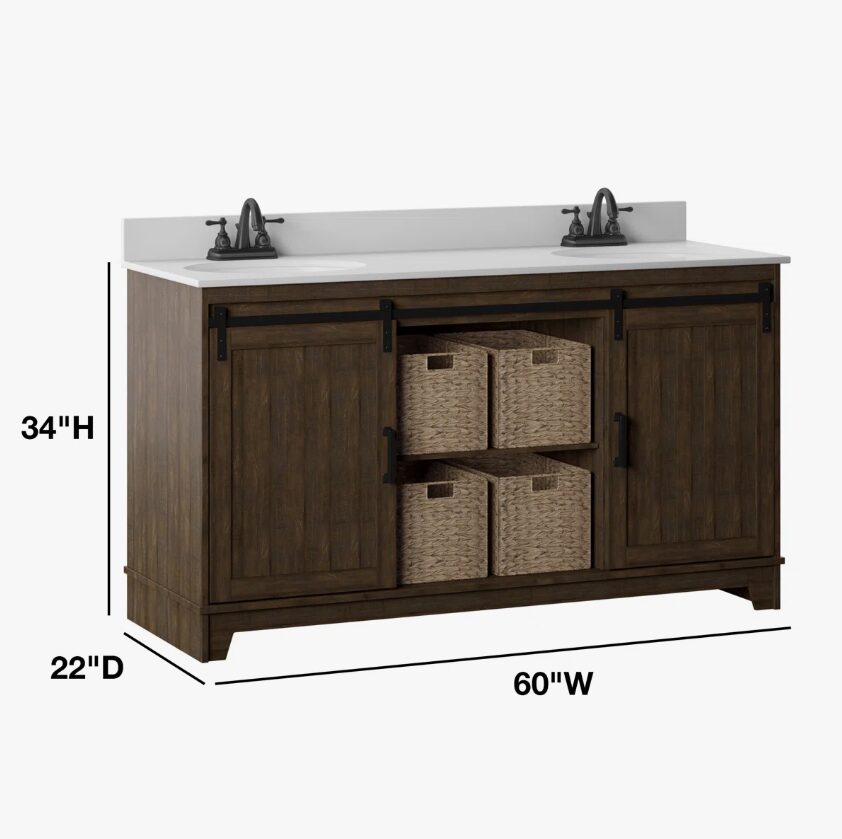 Dark Oak Double Sink Bathroom Vanity with Open Central Storage Space