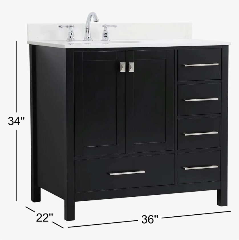 Modern Single Sink Black Bathroom Vanity Cabinet with Silver Hardware