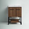 5 24 Inch Walnut Wood Industrial Freestanding Bathroom Vanity with Black Metal Frame