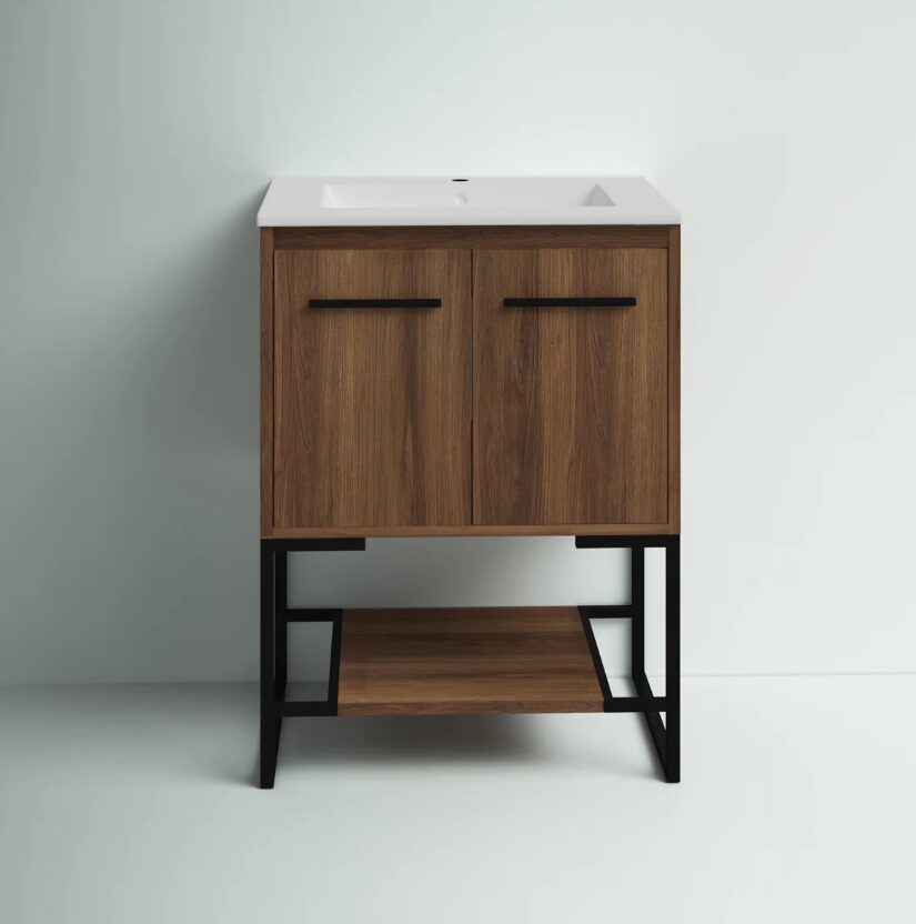 5 24 Inch Walnut Wood Industrial Freestanding Bathroom Vanity with Black Metal Frame
