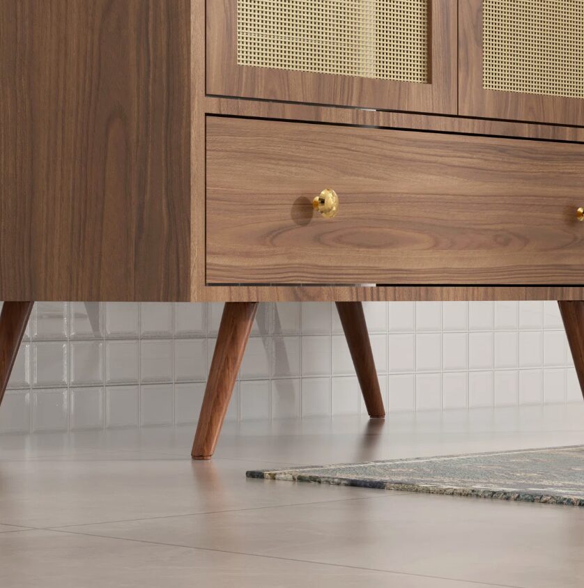 5 30 Inch Walnut Mid-Century Rattan Single Sink Bathroom Vanity with Gold Knobs