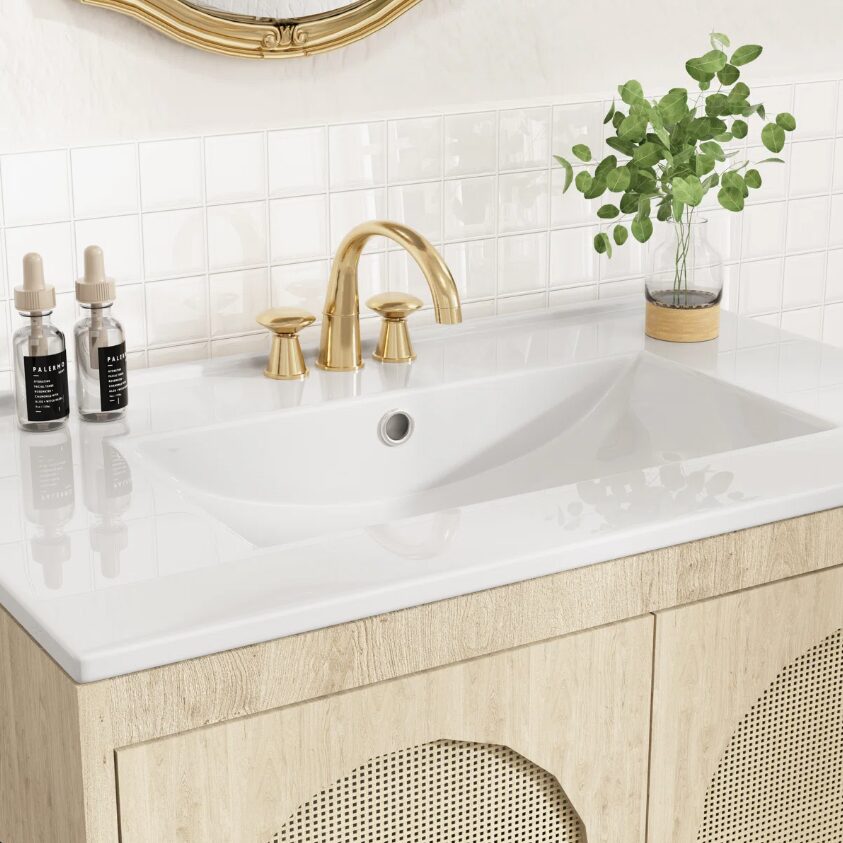 5 Arched Rattan Door Mid-Century Modern Bathroom Vanity Cabinet