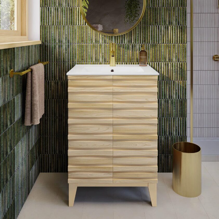 5 Handleless Slat Front Modern Light Wood Single Sink Vanity Cabinet
