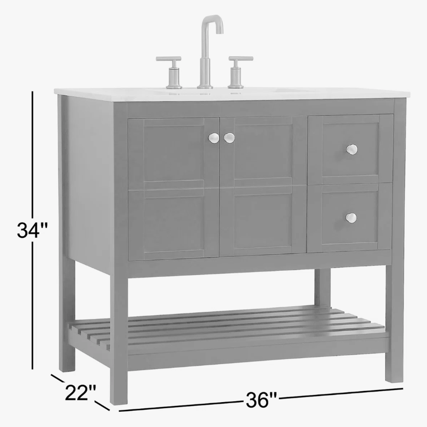 Gray Shaker Single Sink Vanity Cabinet with Silver Knobs & Open Bottom Storage