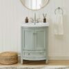 24 Inch Sage Green Curved Freestanding Bathroom Vanity with Ceramic Sink & Silver Knobs