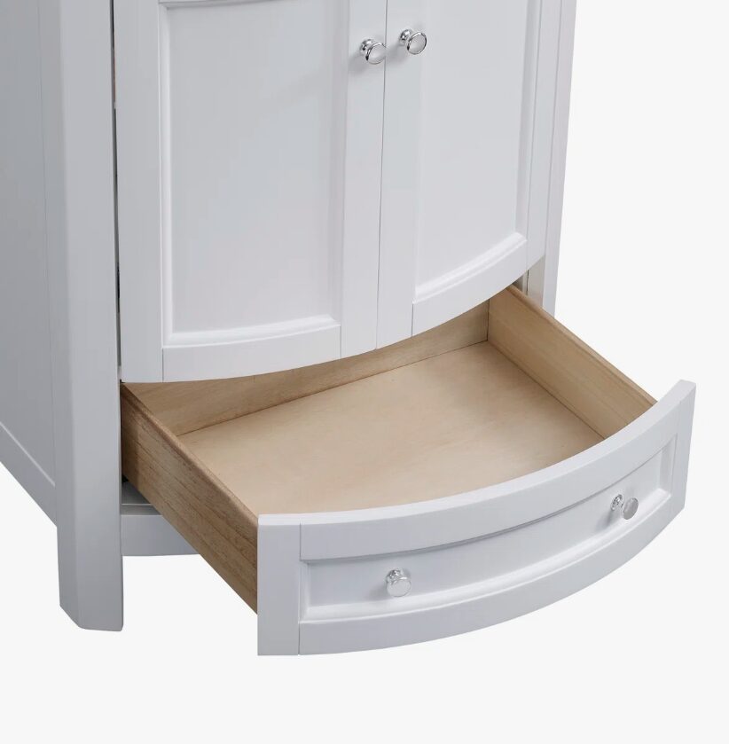 5 24 Inch Curved White Freestanding Bathroom Vanity with Integrated Ceramic Sink & Silver Knobs