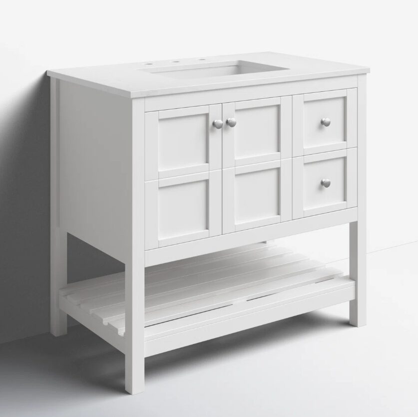 5 36 Inch White Shaker Farmhouse Freestanding Bathroom Vanity with Marble Top & Slatted Shelf