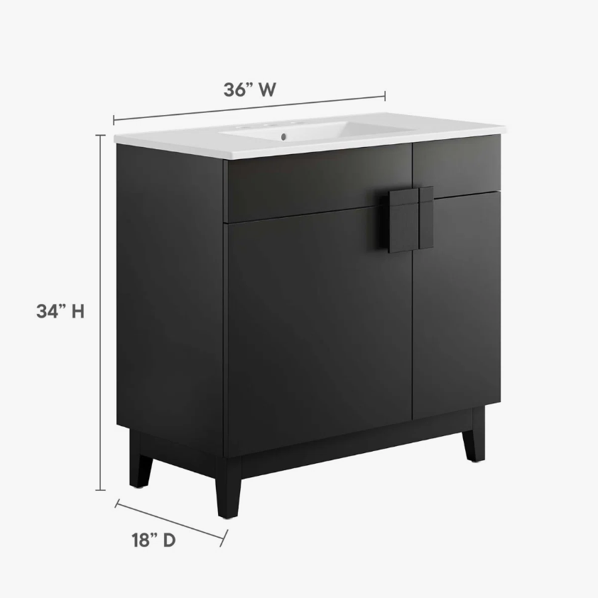 5 36 Inch Matte Black Modern Freestanding Bathroom Vanity with White Ceramic Sink & Geometric Handles