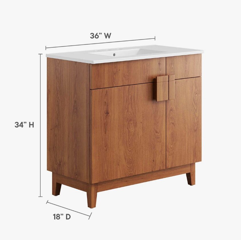 Mid-Century Walnut Single Sink Vanity Cabinet with 2 Doors & Dual Top Drawers