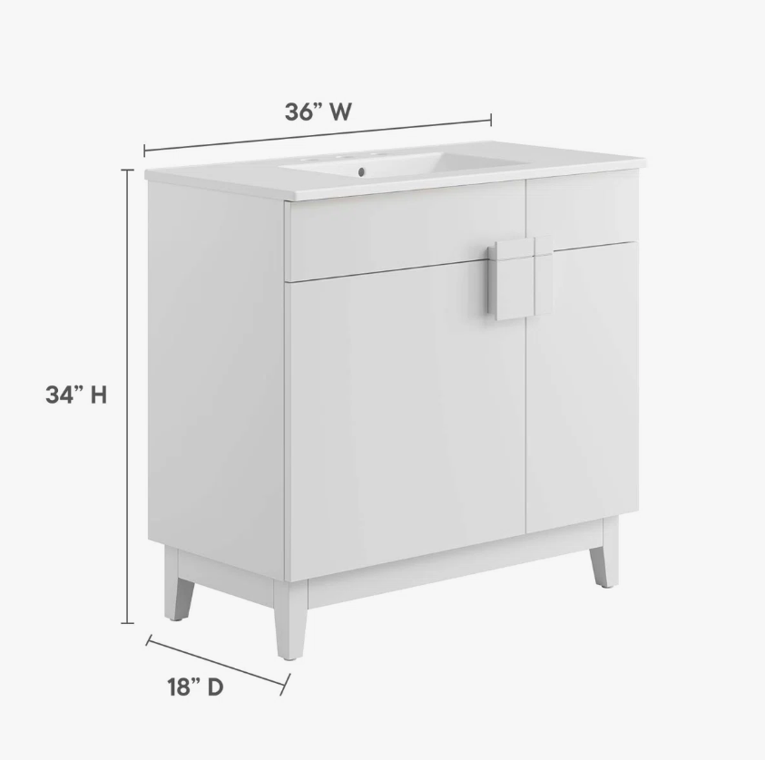 Minimalist White Single Sink Vanity Cabinet with 2 Doors & Dual Top Storage Drawers