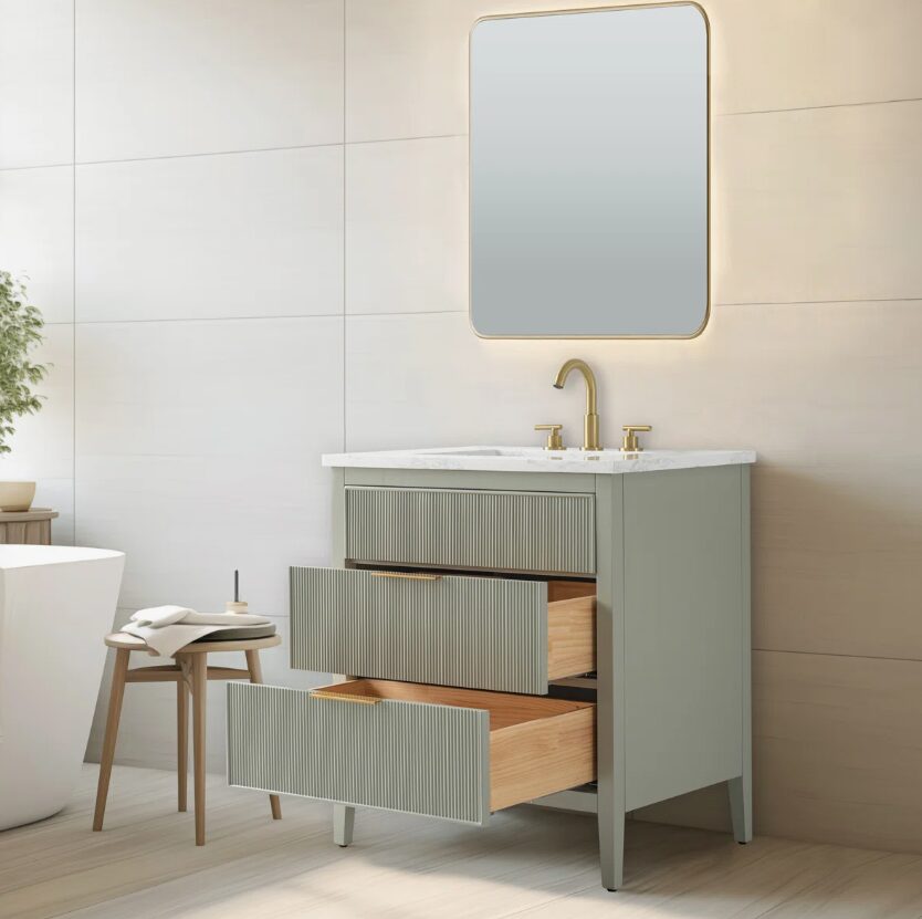 5 Soft Sage Reeded Bathroom Vanity with Brushed Gold Hardware