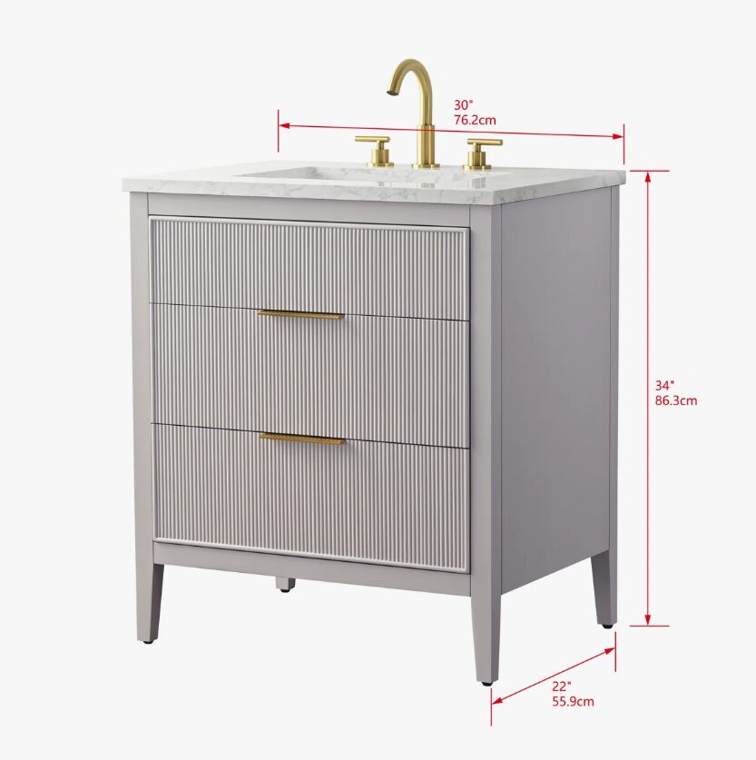 5 Soft Grey Reeded Bath Vanity with Brushed Gold Pull Handles