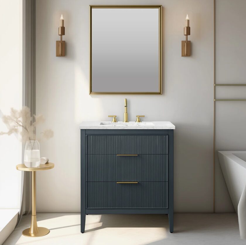 Contemporary Dark Blue Fluted Vanity with Undermount Sink
