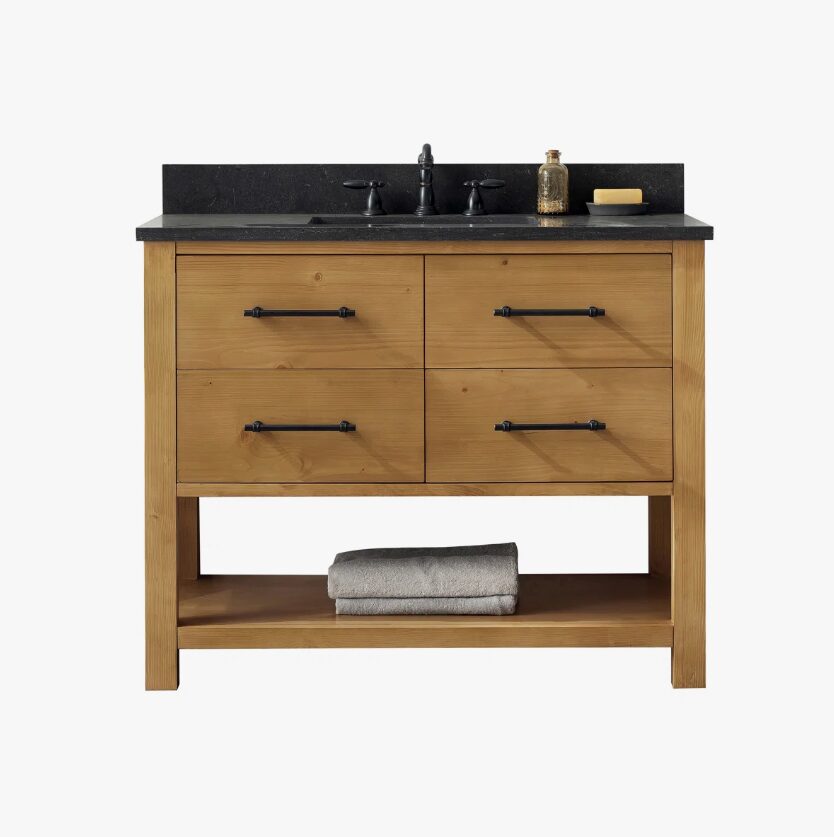 Rustic Natural Wood Freestanding Single Sink Vanity with Open Storage Shelf