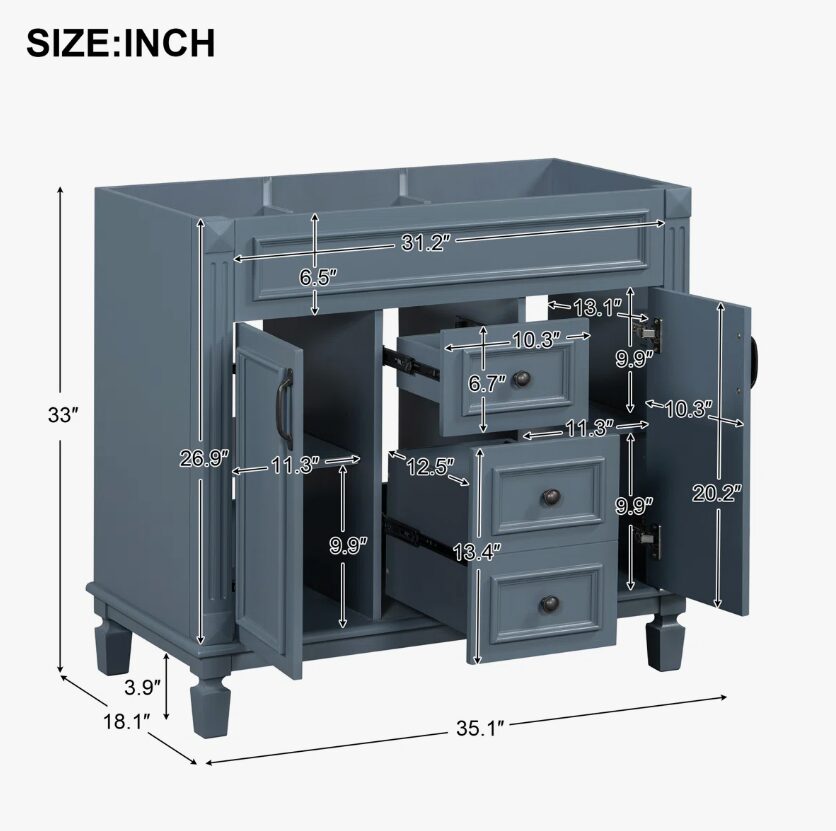 5 Farmhouse Blue Freestanding Vanity Base with Raised Panel Doors & Decorative Legs