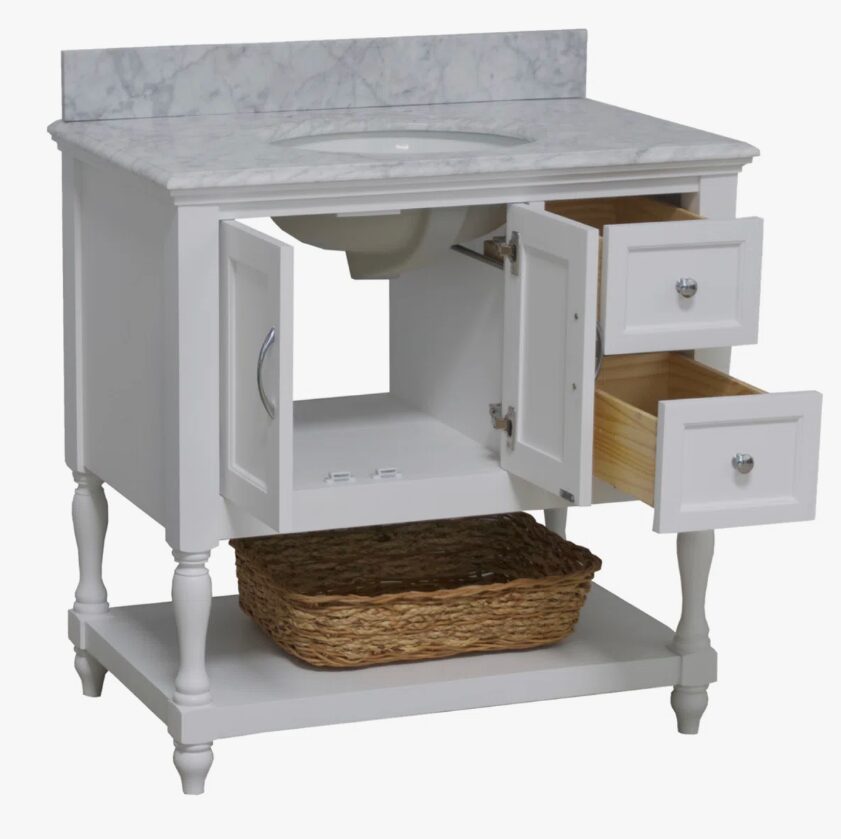 5 36" Classic White Shaker Bathroom Vanity with Natural Marble Countertop