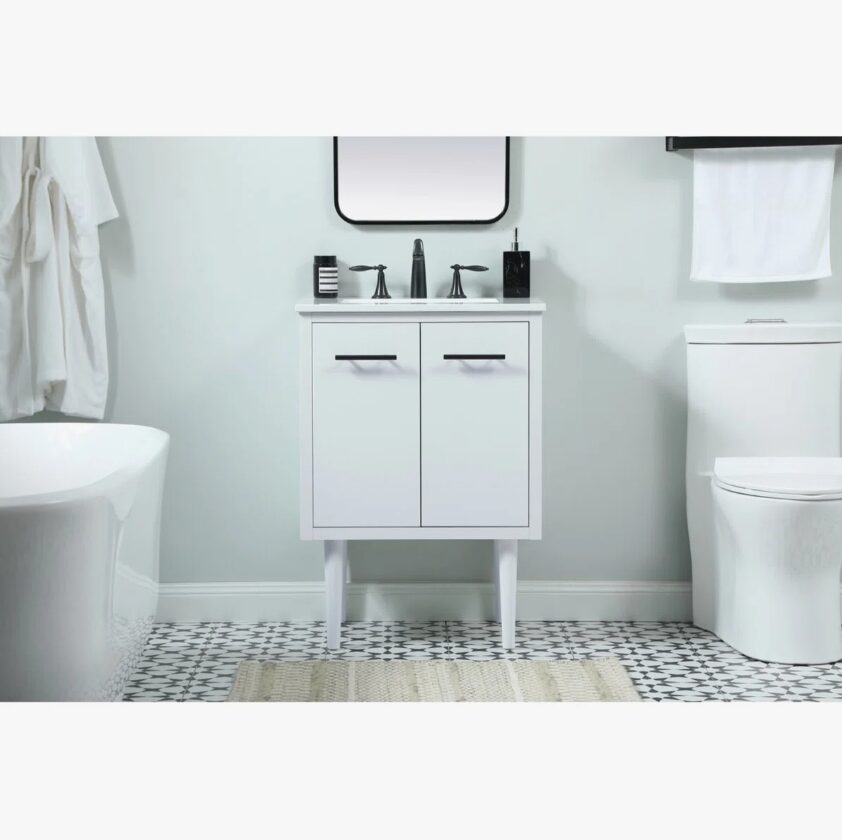 5 24 Inch White Mid-Century Single Sink Bathroom Vanity with White Quartz Top