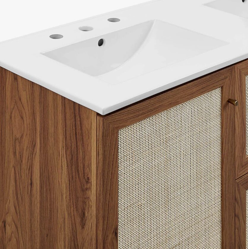 5 48 Inch Walnut Rattan Double Sink Mid-Century Bathroom Vanity with White Quartz Top