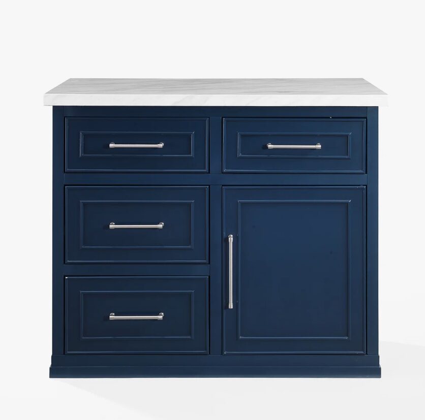 42 Inch Navy Blue Shaker Kitchen Island with Carrara Marble Countertop