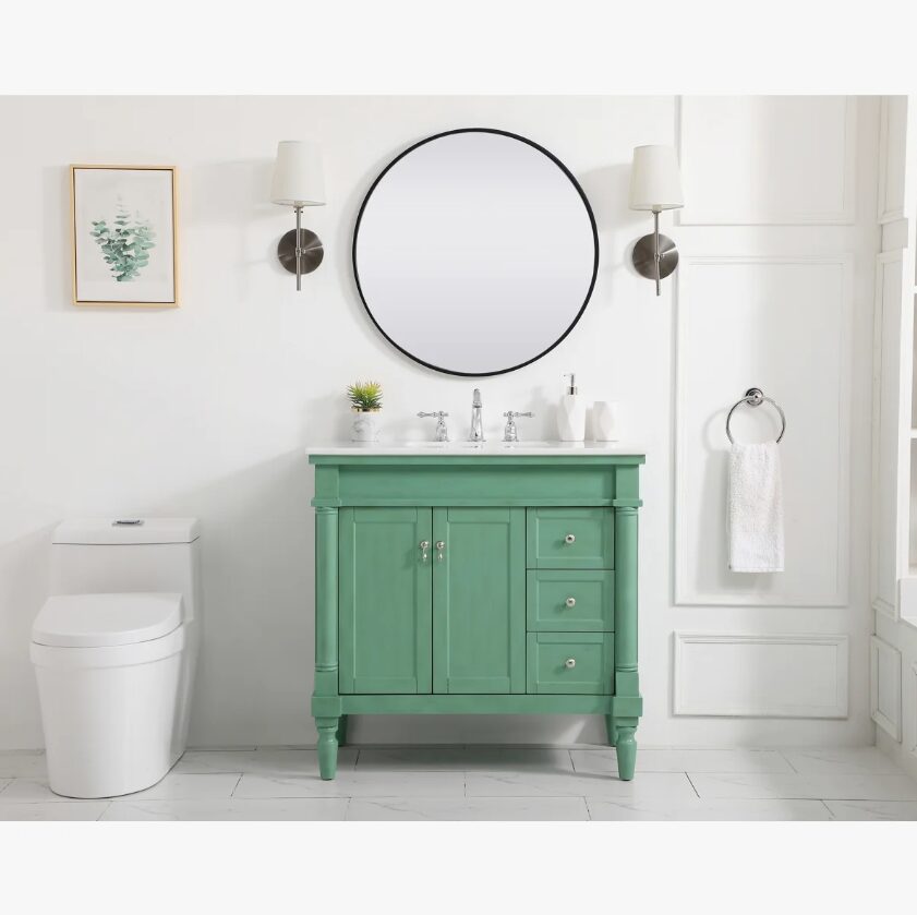 5 36 Inch Sage Green Traditional Single Sink Bathroom Vanity with White Quartz Top
