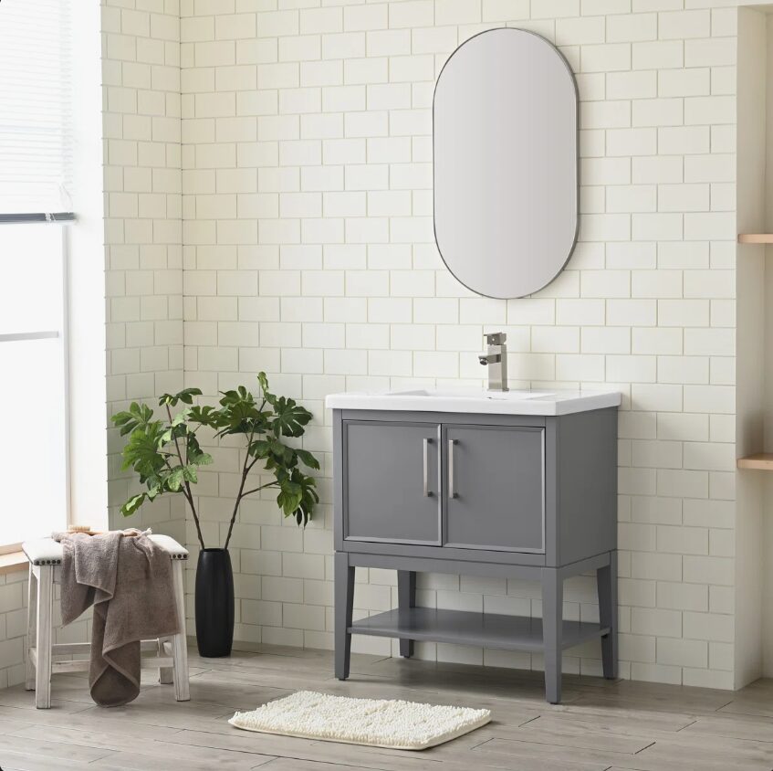5 30 Inch Grey Freestanding Bathroom Vanity with White Ceramic Sink & Open Storage Shelf