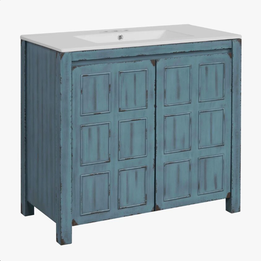 5 Rustic Distressed Blue Freestanding Vanity Cabinet with Double Storage Shelves