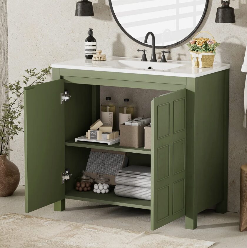 36" Olive Green Farmhouse Bathroom Vanity with White Undermount Sink